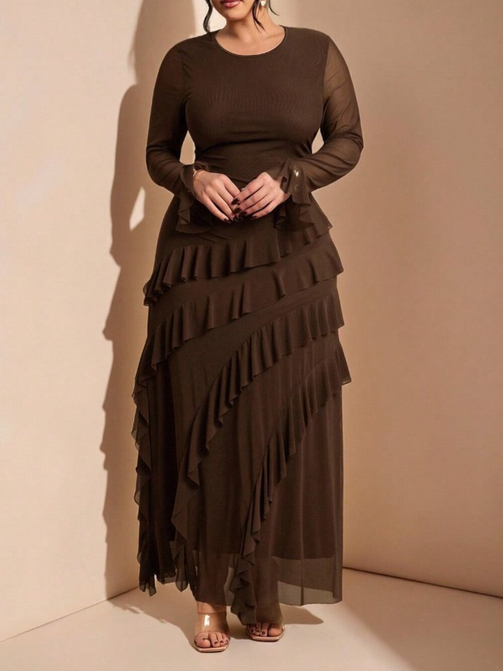 Coffee Brown Women's Flare Sleeve Maxi Dress